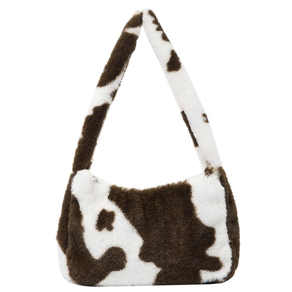 Fluffy Faux Fur Cow Print Shoulder Bag Clutch Purse Underarm Handbag B)